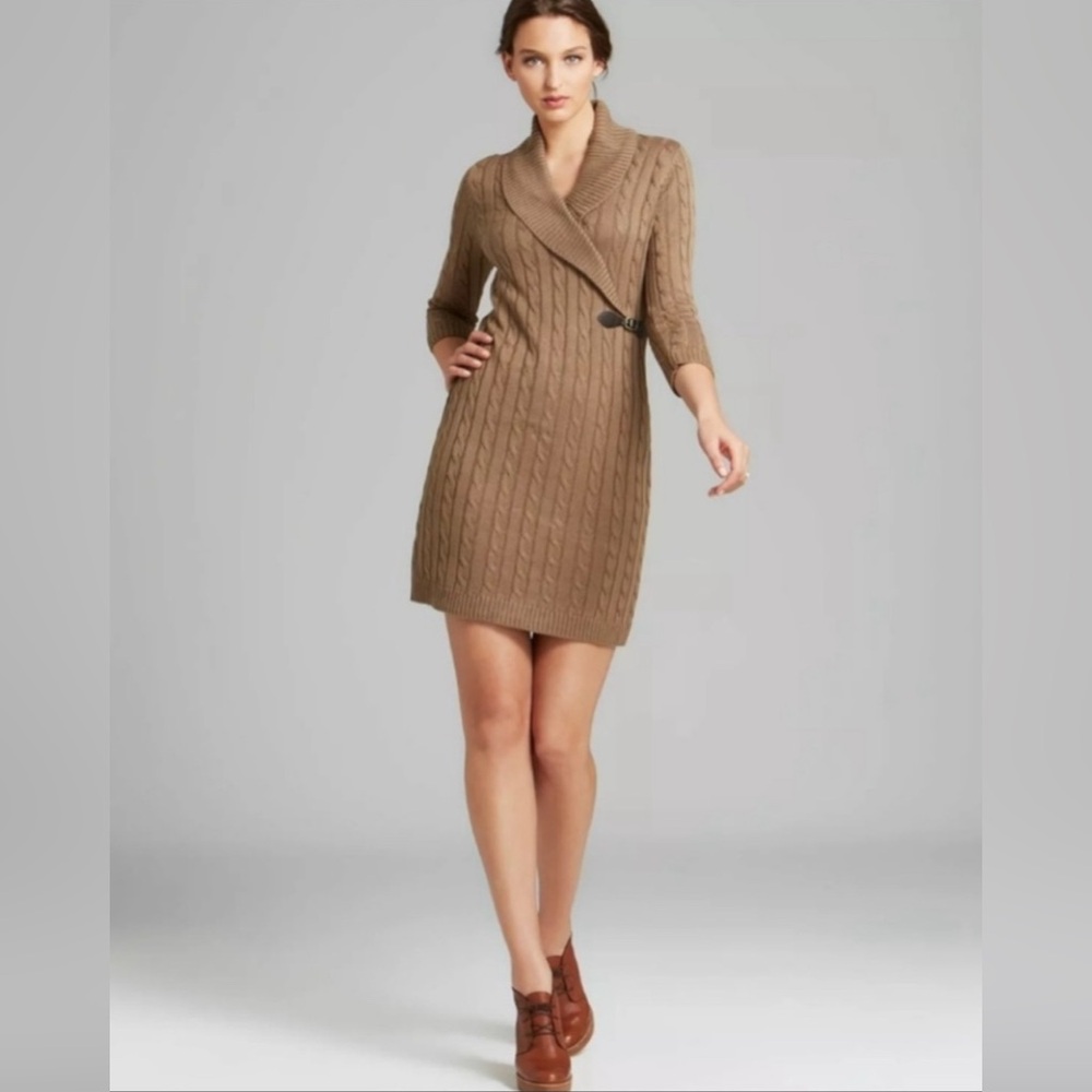 Calvin Klein Women's Sz S Shawl Collar Cable Knit Sweater Dress Beige Classic